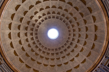 pantheon in rome, hole in the ceiling of the dome of the monument of ancient rome. tourism in rome...