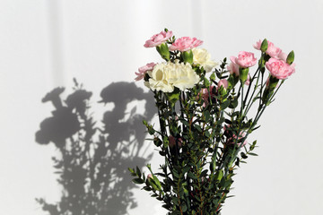Super cute, light color flower bouquets including baby pink and white dianthus flowers with white chrysanthemum flowers, and some other white flowers. Photographed with a white wall on the background.
