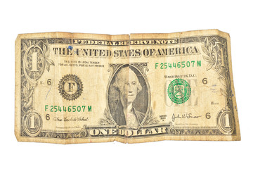 old and crumpled dollor front view isolated on white background