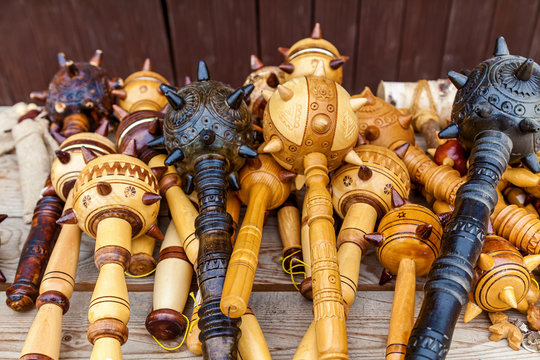 Wooden maces with spikes as a Ukrainian souvenirs