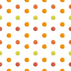 watercolor painted red yellow orange dot in seamless pattern on white background.