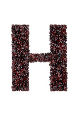 Letter H of the English alphabet of freshly roasted cocoa beans on a white isolated background. coffee pattern made from coffee beans