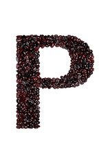 Letter P of the English alphabet of freshly roasted cocoa beans on a white isolated background. coffee pattern made from coffee beans