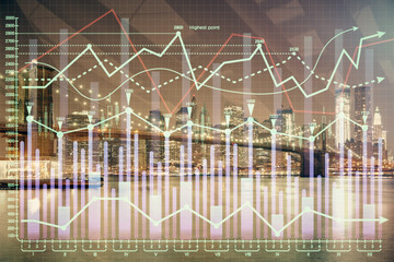 Financial chart on city scape with tall buildings background multi exposure. Analysis concept.