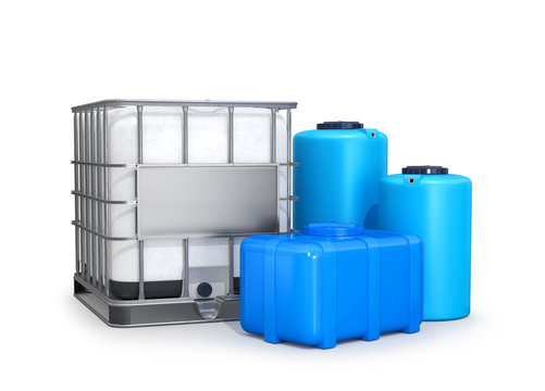 Water tanks. Large plastic containers. 3d illustration