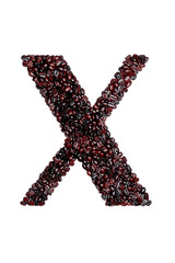 Letter X of the English alphabet of freshly roasted cocoa beans on a white isolated background. coffee pattern made from coffee beans