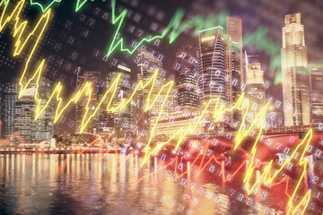 Obraz premium Financial chart on city scape with tall buildings background multi exposure. Analysis concept.