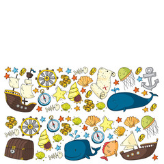 Vector set with underwater diving icons and pirate elements. Treasure chest, ship, octopus, diver. Little boys and kingergarten preschool girls summer vacation and adnventure