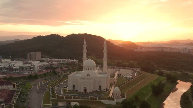 Aerial view of a sunset drone at Sri Sendayan Mosque, Negeri Sembilan, Malaysia. Sri Sendayan Mosque is a mosque located in the town of Sri Sendayan, Negeri Sembilan.