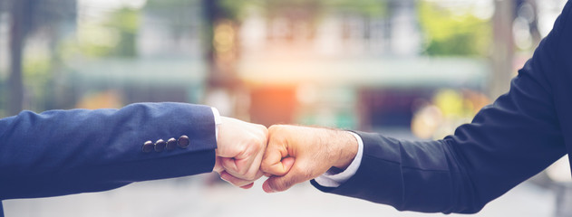 Banner template Partner Business Trust Teamwork Partnership. Industry contractor fist bump dealing...