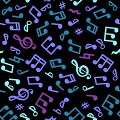 Abstract music seamless pattern of music notes. Bright colored notes on a black background. Vector illustration melody.