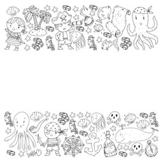 Pirate party. Illustrations for little children. Kids birthday celebration with treasure island, octopus, pirates