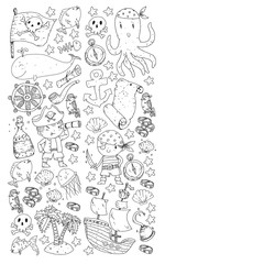 Pirate party. Illustrations for little children. Kids birthday celebration with treasure island, octopus, pirates