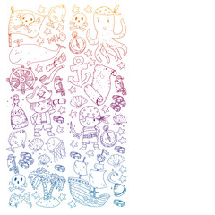 Pirate party. Illustrations for little children. Kids birthday celebration with treasure island, octopus, pirates