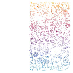 Pirate party. Illustrations for little children. Kids birthday celebration with treasure island, octopus, pirates