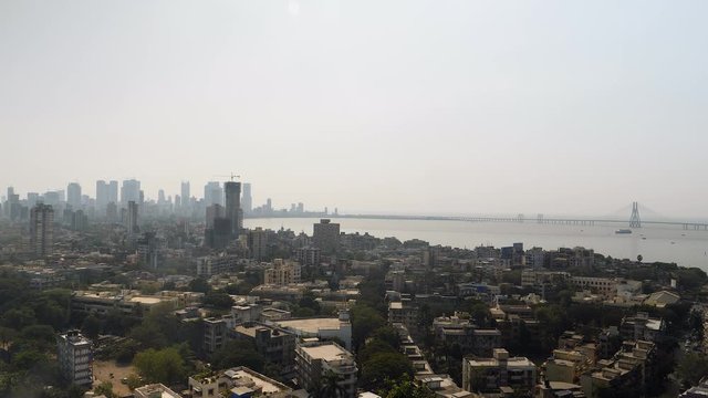 Skyline of Mumbai, India with Worli Sea Link bridge.