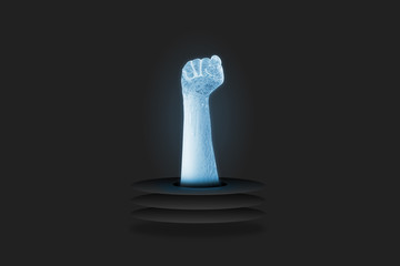 An icy fist raised up against a dark background. The concept of fighting for ideas and your rights. A hard, cold fist raised as a sign of struggle.