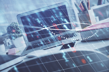 Forex market chart hologram and personal computer background. Double exposure. Concept of investment.