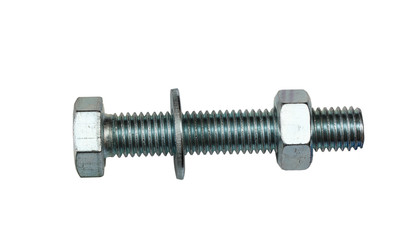 bolt with nut and washer isolated on a white background lies horizontally.