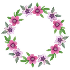 Fototapeta na wymiar Floral wreath, isolated on a white background. Round frame of pink and purple watercolor spring flowers with green leaves. Hand drawn illustration