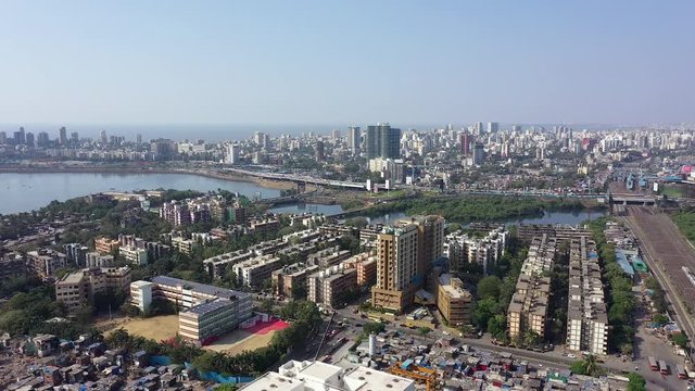 Aerial view of city of Mumbai and coastline, India
