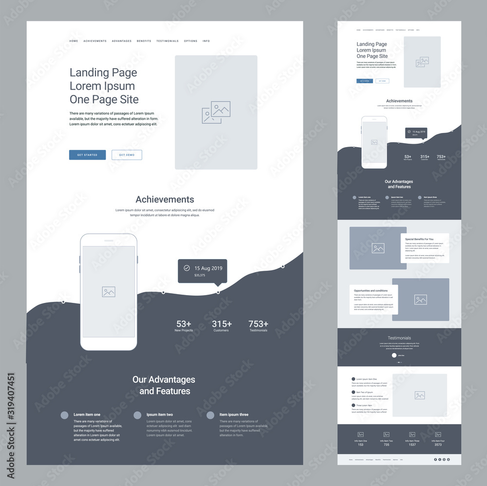 Poster landing page design template for business. one page website wireframe. modern responsive design. ux 