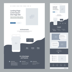 Landing page design template for business. One page website wireframe. Modern responsive design. Ux ui website: achievements, advantages, features, special benefits, testimonials, opportunities, info.