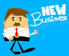 Vector retro style cartoon businessman with new business opportunity text on blue background.