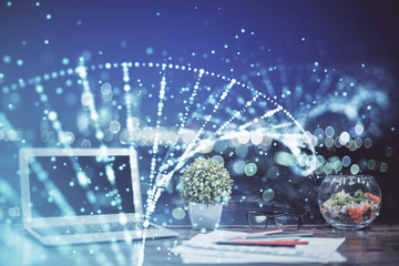 Desktop computer background and DNA drawing. Double exposure. Science concept.