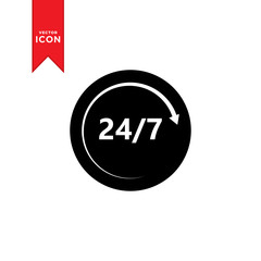 24/7 times icon vector. 24/7 sign open around the clock symbol. Flat design style on white background.
