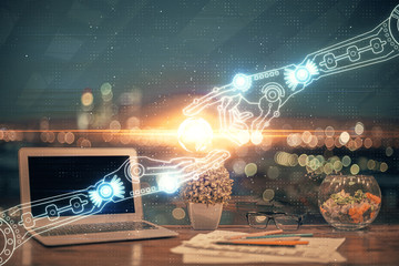 Double exposure of computer and technology theme drawing. Concept of innovation.