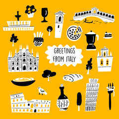 Vector cartoon illustration of italian architecture, tourist attractions and cultural symbols.