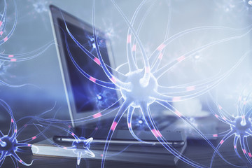 Desktop computer background and neuron drawing. Double exposure. Education concept.