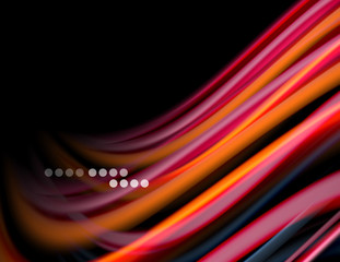 Silk smooth lines on black, liquid fluid color waves. Vector Illustration
