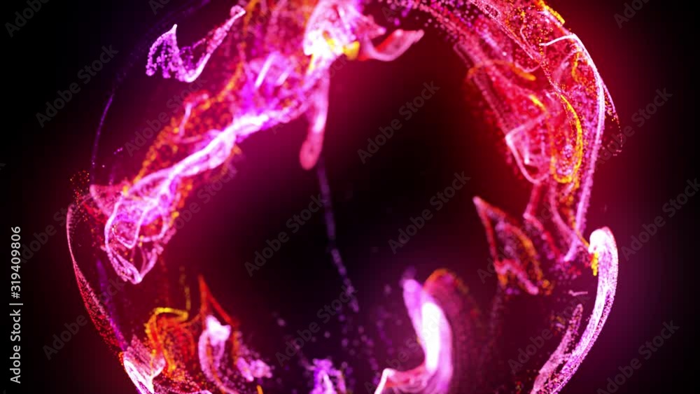 Poster injection of fluorescent red violet ink in water in 4k. 3d render of glow particles in ink flow. lum
