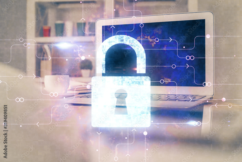 Aufkleber Double exposure of desktop with computer and lock icon hologram. Concept of data safety.