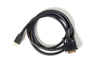 black HDMI-DVI cable with gold-plated contacts on a white isolated background, top view