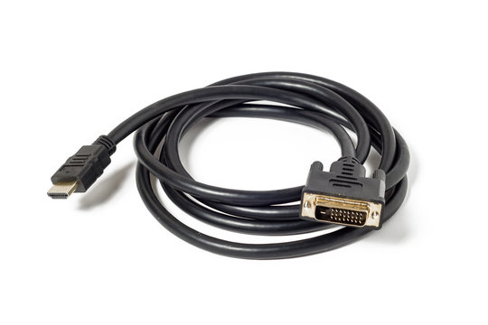 black HDMI to DVI cable with gold-plated contacts on a white isolated background