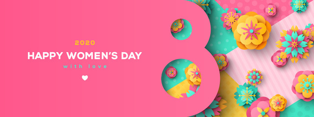 Women's Day greeting card or banner with eight shaped frame and paper cut flowers on colorful modern geometric background. Vector illustration. Place for text. March 8 holiday.