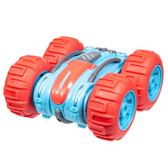 Blue and red plastic radio controlled car isolated on the white background. Three quarter view