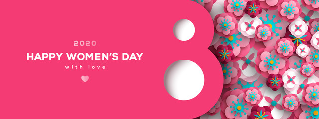 Women's Day greeting card or banner with eight shaped frame and paper cut flowers. Vector illustration. Place for text. March 8 holiday.