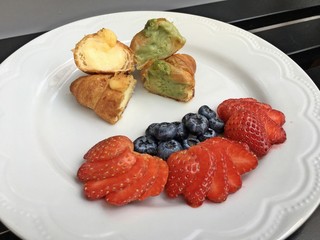 Creme Brulee Croissant and Green tea Croissant and Strawberry and Blueberry