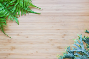 Wooden bamboo table in light brown colour with fern plant and green plant placing on top of the table. Flat lay with copy space for background and texture.