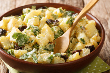 Serving potato salad with yogurt, herbs, spices and dried olives closeup in a bowl. horizontal