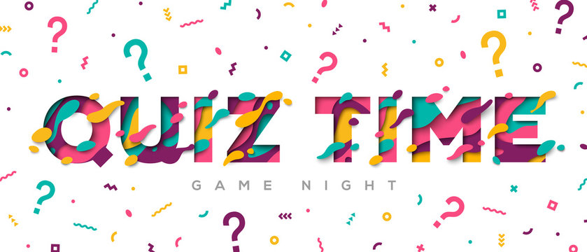 Quiz time typography design with abstract paper cut shapes on white background. Vector illustration. Colorful 3D carving art. Fast questions and answers game.