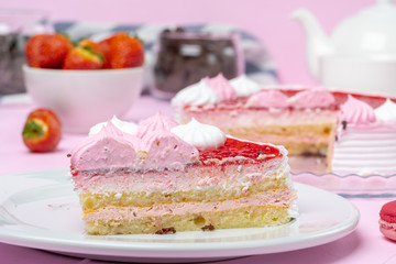 Homemade cream layer biscuit cake with strawberry
