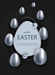 Abstract silver easter egg on black background. easter with gold plants on black background, Copy space text area, vector illustration. Vector
