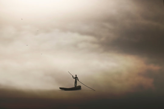 lonely man sails in the calm waters of a lake with his canoe - Powered by Adobe