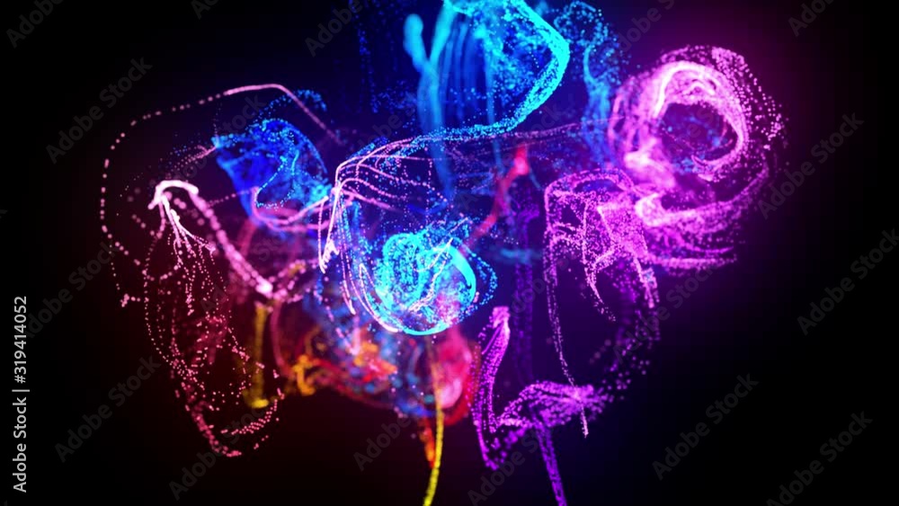 Poster injection of fluorescent ink in water in 4k. 3d render of glow particles in ink flow. interaction of