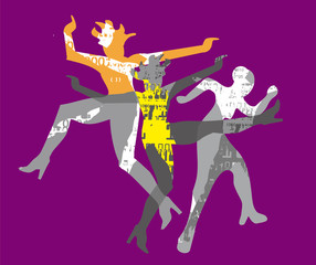 Modern dance group, wild disco party, Expressive, abstract stylized illustration of dancing people stylized silhouettes on purple background. Vector available.